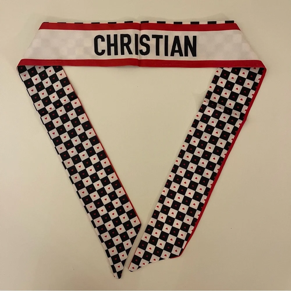 *C*H*R*I*S*T*I*A*N* Red Hearts Black White Pattern Twilly Bandeau Wrap Scarf